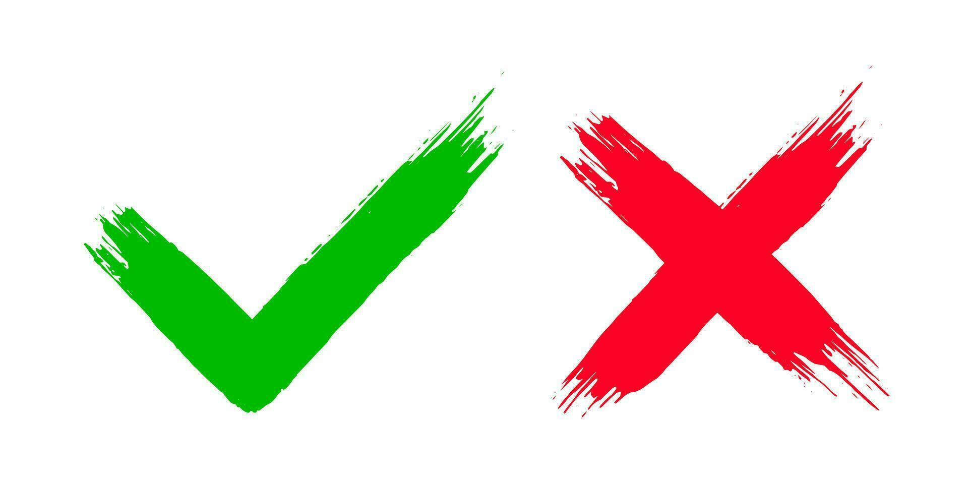 Two dirty grunge hand drawn with brush strokes cross x and tick OK check marks vector illustration.