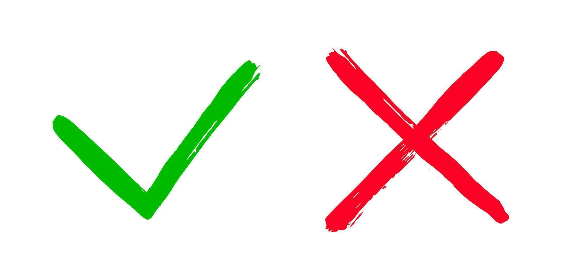 Two dirty grunge hand drawn with brush strokes cross x and tick OK check marks vector illustration.