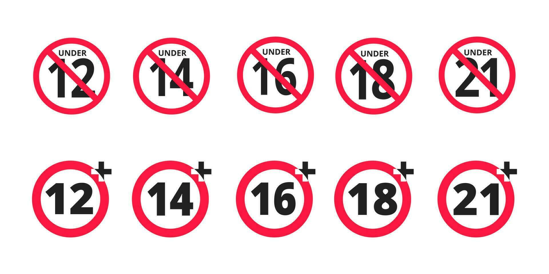 Adults content only age restriction 12, 14, 16, 18, 21 plus years old icon signs set. vector