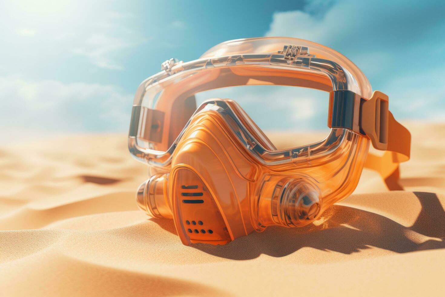 Scuba diving mask on a sandy island against blue ocean photo