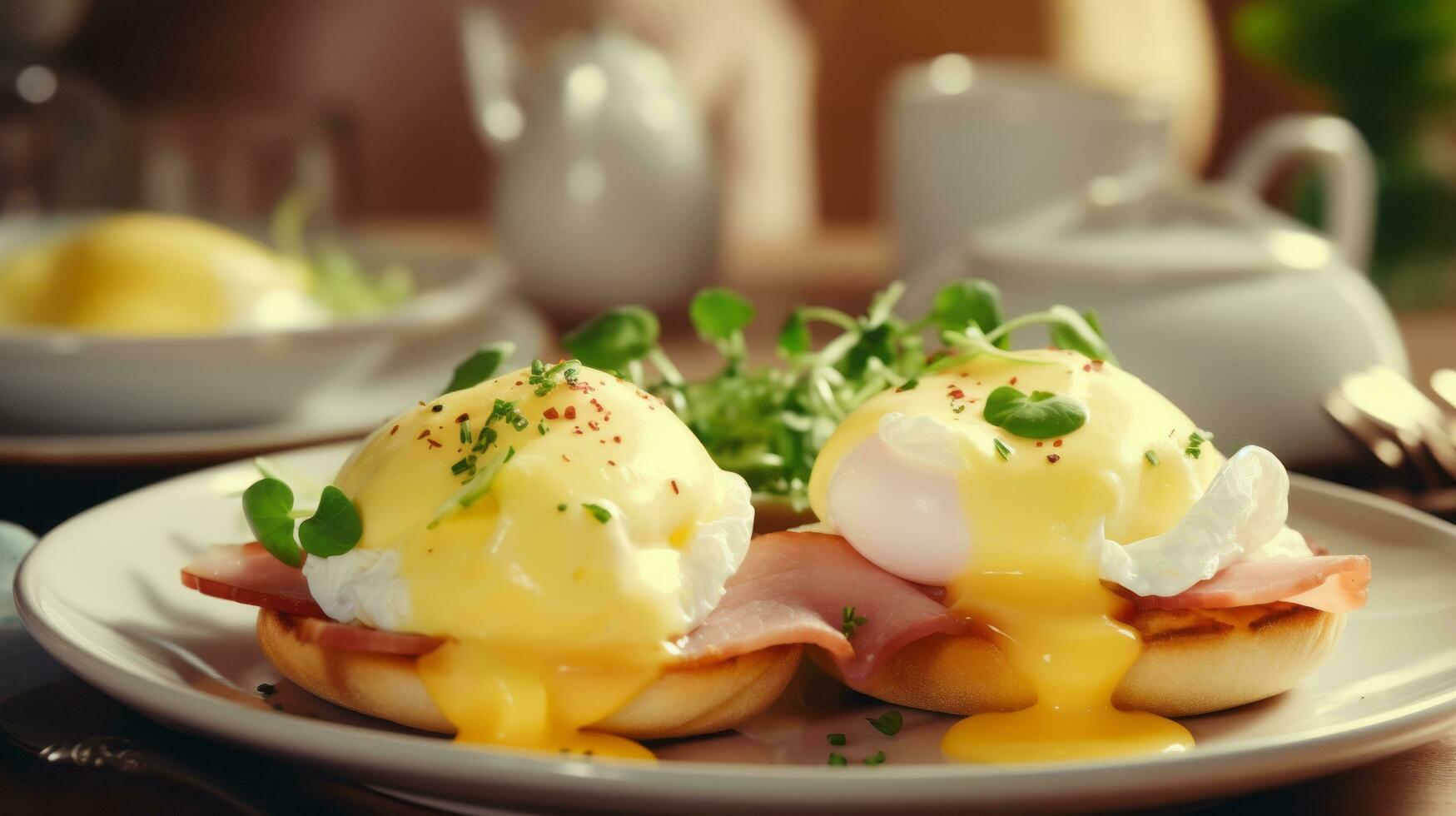 Eggs benedict with ham and shaved ham photo