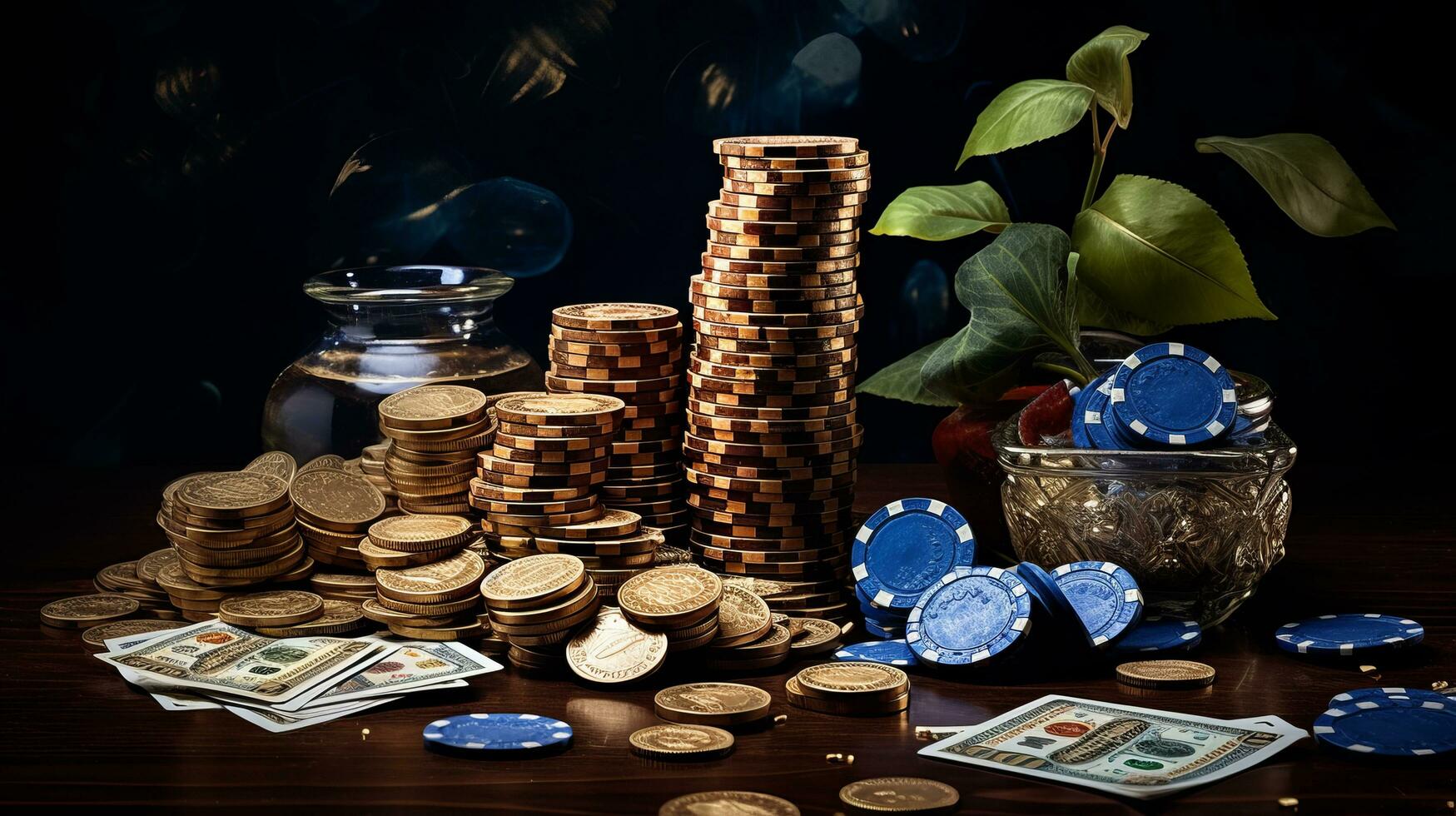 Pile of poker chips on wooden table photo