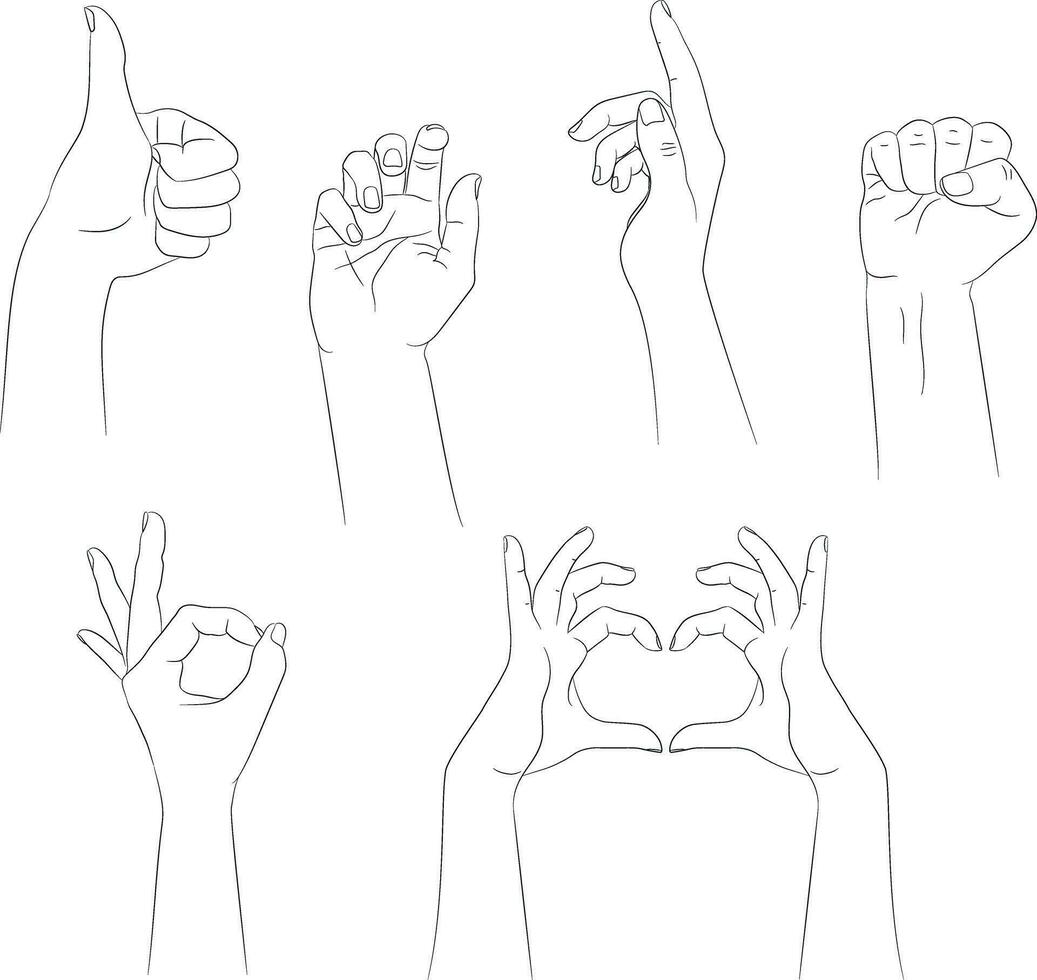 Set of hand drawn human hands with different gestures. Hand outline with an empty contour isolated on white background. Vector illustration