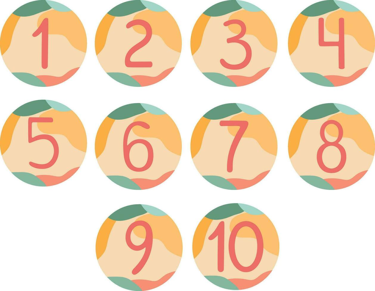 Hand drawn numbers from One to Ten in circles with abstract shaped background. Vector illustration