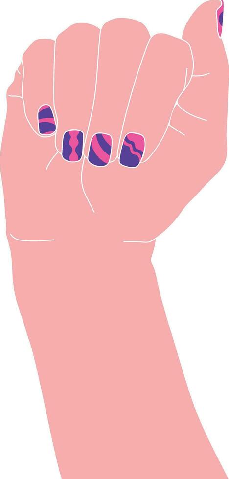 Hand drawn female hand with fancy painted nails. Hand with nail design manicure isolated on white background. Vector illustration