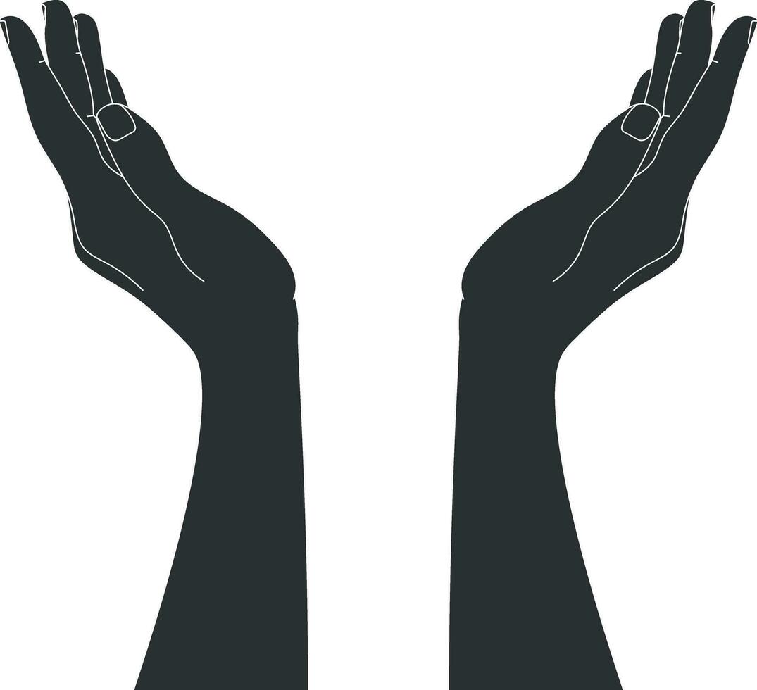 Hand drawn cupped hands silhouette isolated on white background. Raised hands outline. Vector illustration