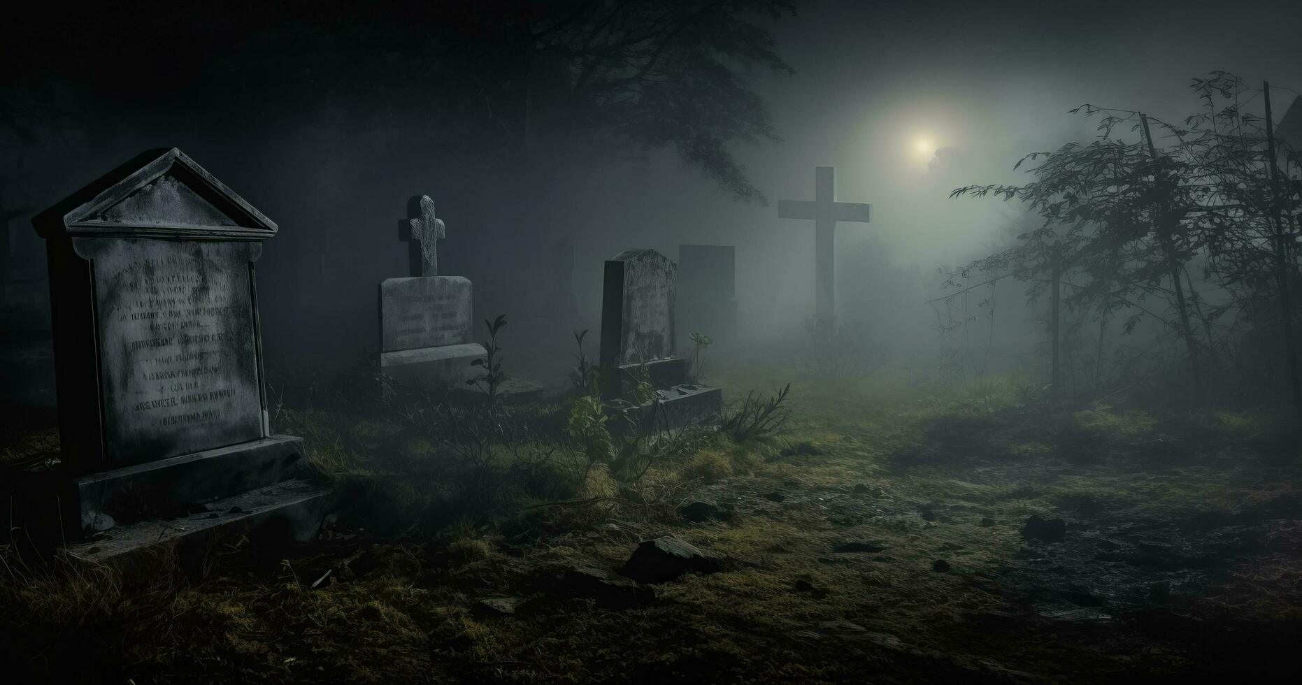 Night scene in a cemetery with gravestones photo