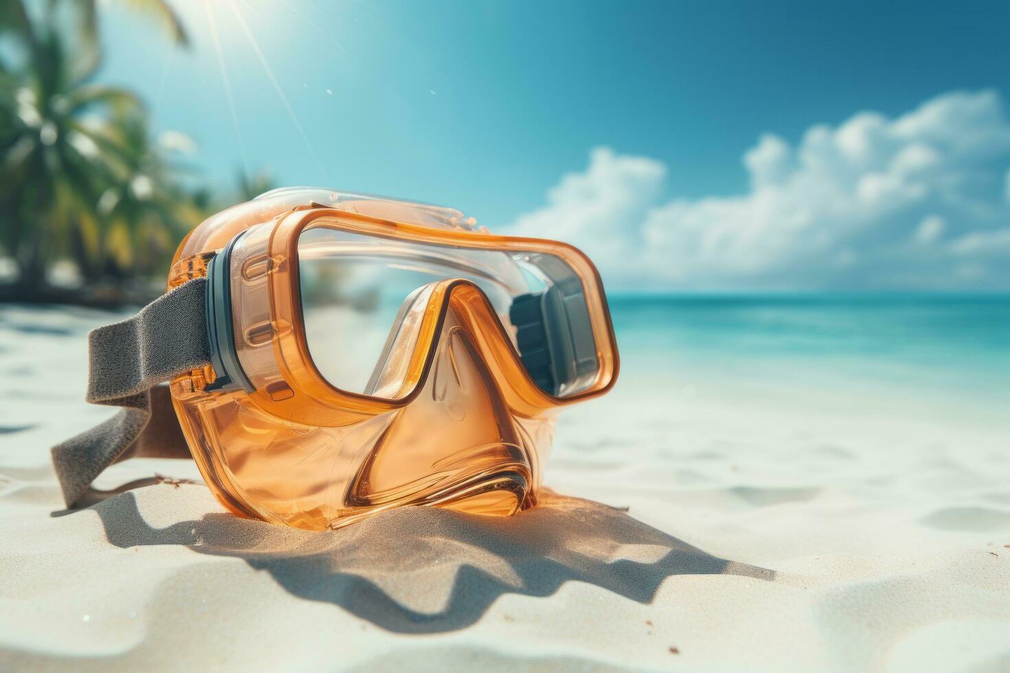 Scuba diving mask on a sandy island against blue ocean photo