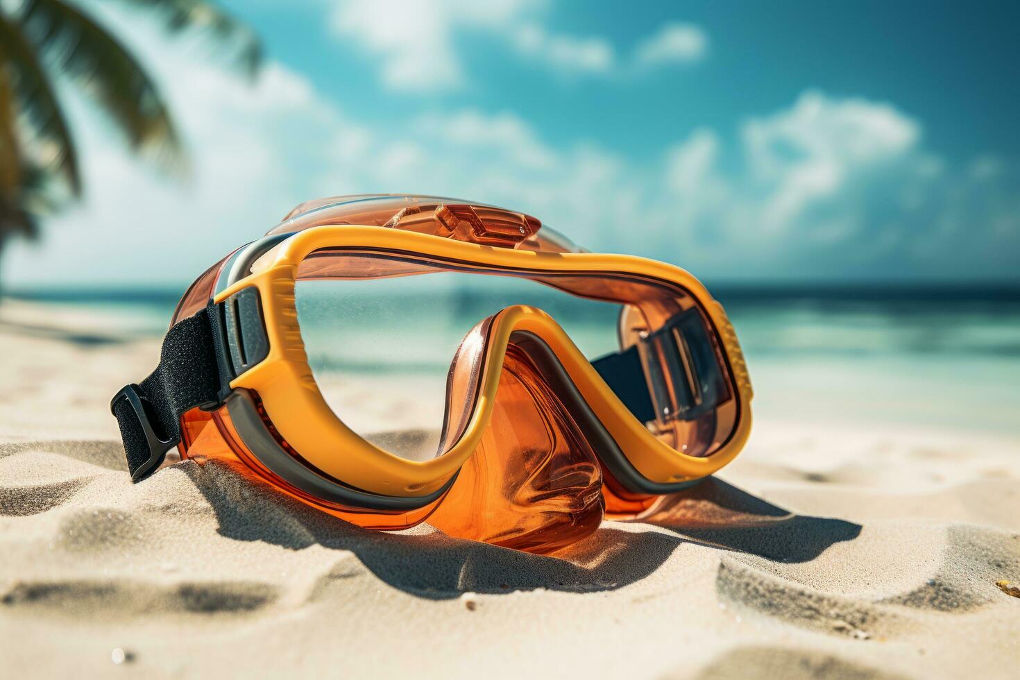 Scuba diving mask on a sandy island against blue ocean photo