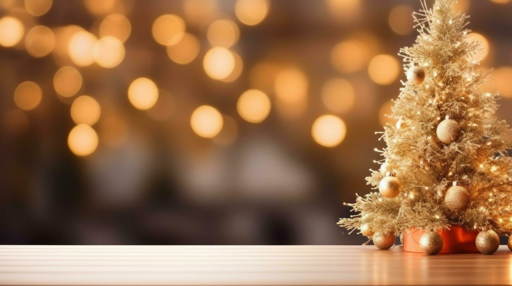 Christmas table background with christmas lights on tabletop photo