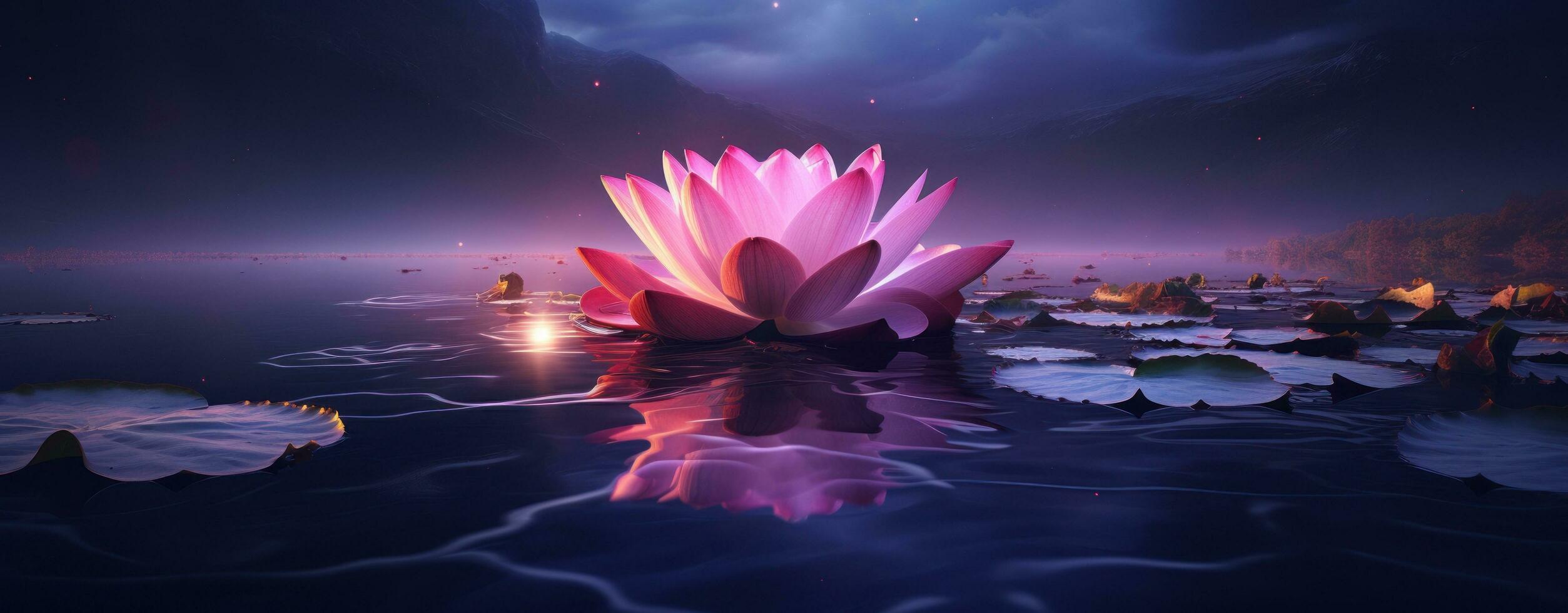Lake with beautiful water lilies and rocks photo