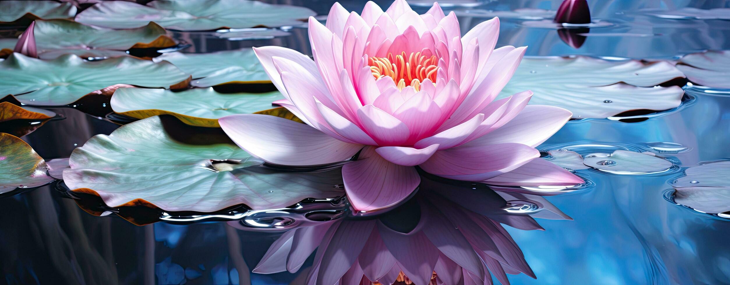 Lake with beautiful water lilies and rocks photo