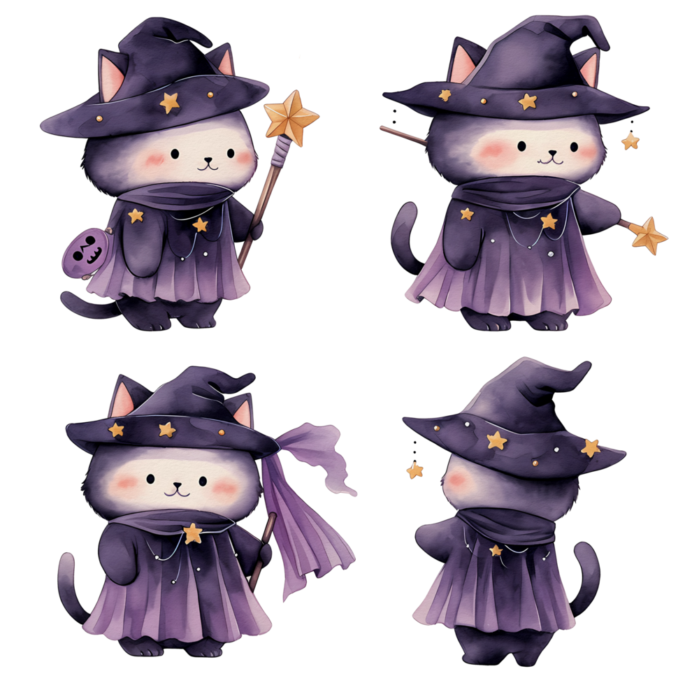 watercolor cute halloween cat, cat witch, png