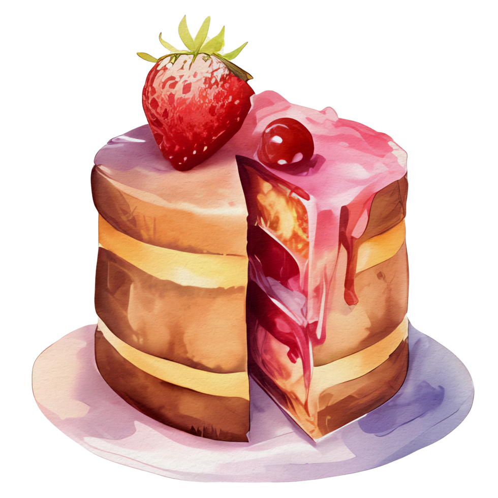 watercolor cake with strawberry on top, png