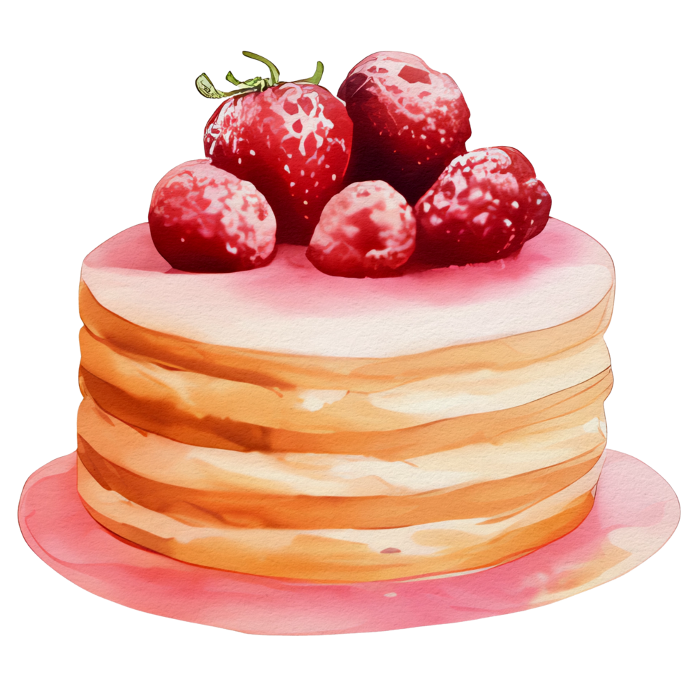 watercolor cake with strawberry on top, ai generative png