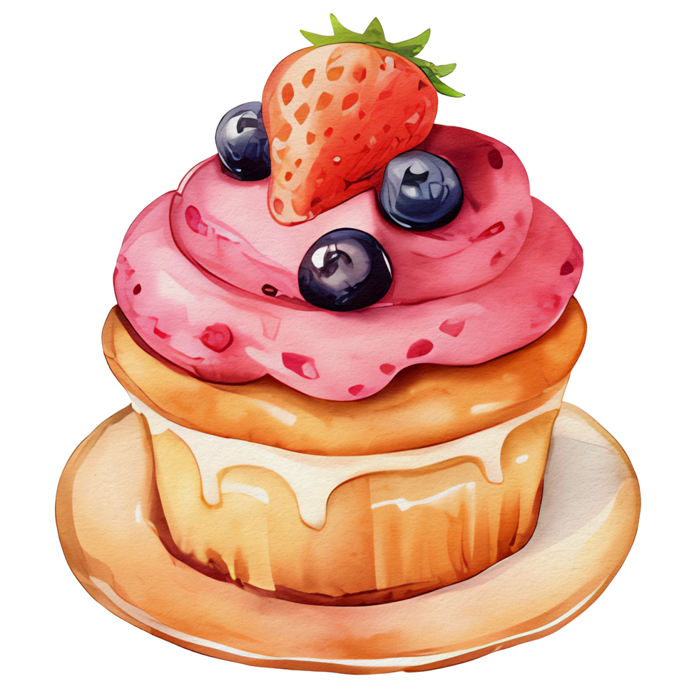 watercolor cupcake tart with cherry and strawberry on top, png