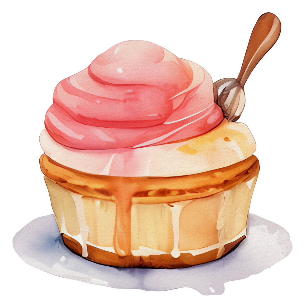 Aquarell Cupcake mit Rosa Sahne auf Spitze, ai generativ png