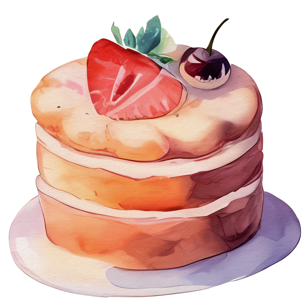 watercolor cake with strawberry on top, ai generative png