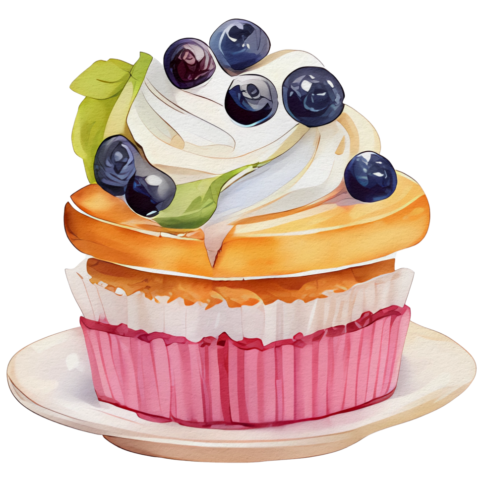 watercolor cupcake with blueberry on top, ai generative png