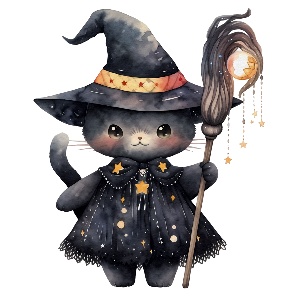 watercolor cute halloween cat, cat witch, ai generative png