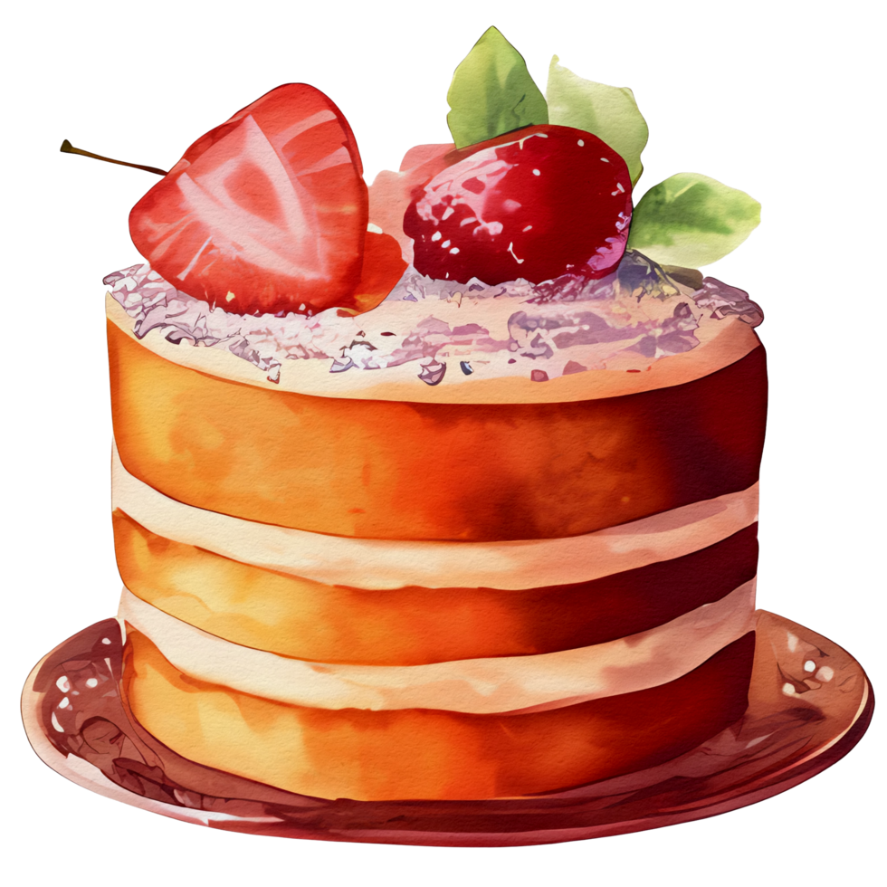 watercolor cake with strawberry on top, ai generative png