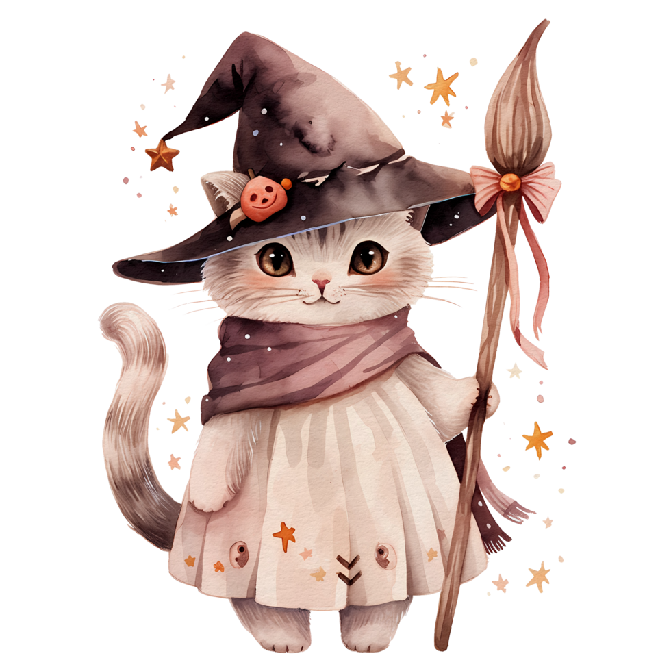 watercolor cute halloween cat, cat witch, ai generative png