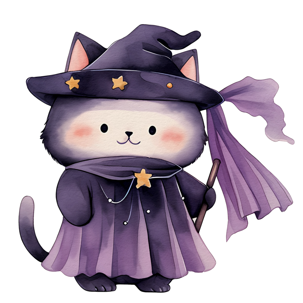 watercolor cute character halloween cat, cat witch, ai generative png