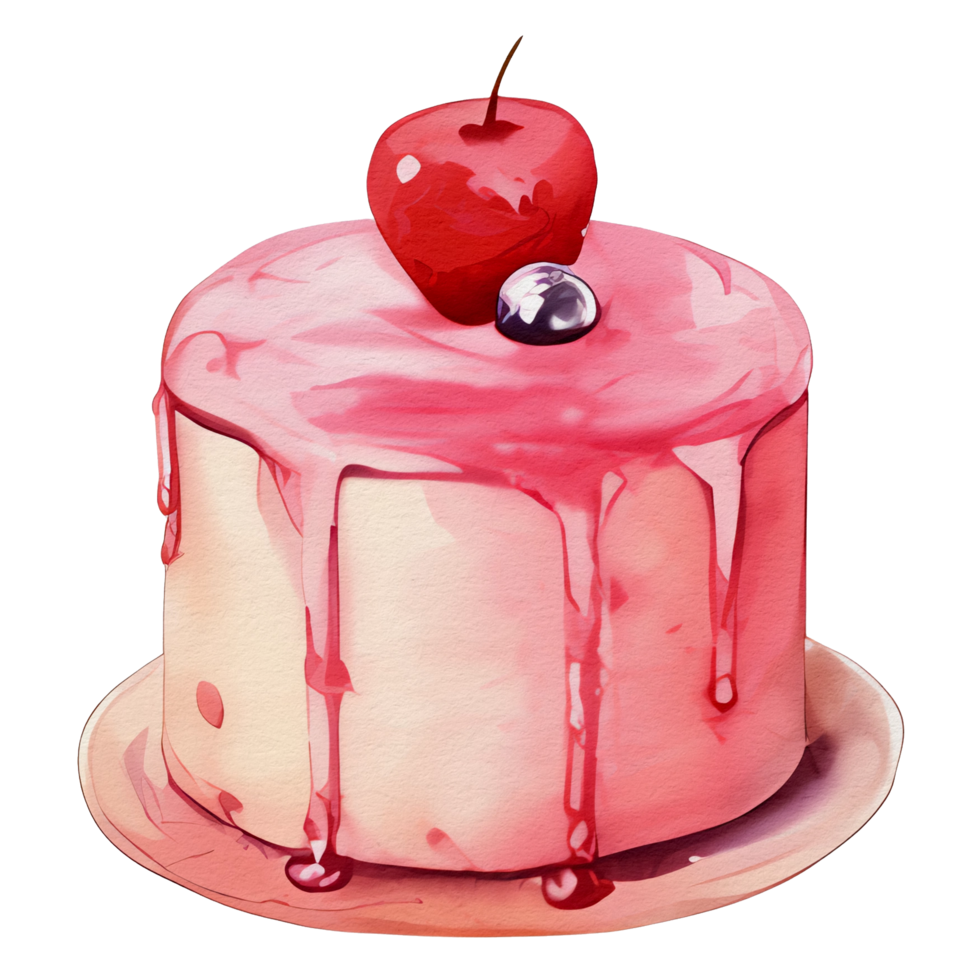 watercolor cake with cherry on top, png