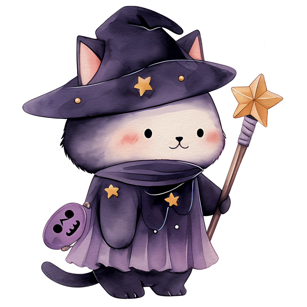 Aquarell süß Halloween Katze, Katze Hexe, ai generativ png