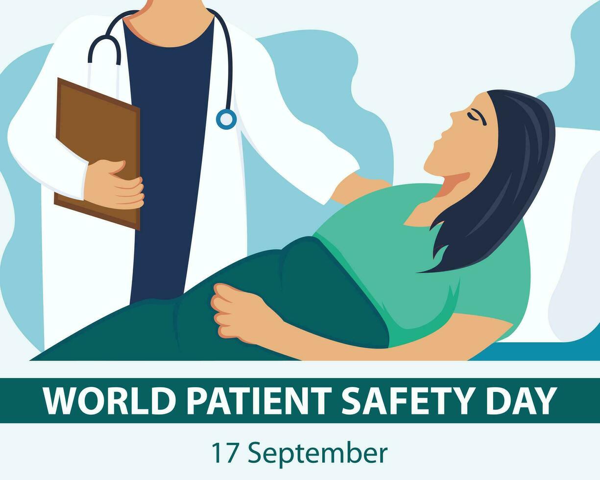 illustration vector graphic of a doctor holds a patient in bed, perfect for international day, world patient safety day, celebrate, greeting card, etc.