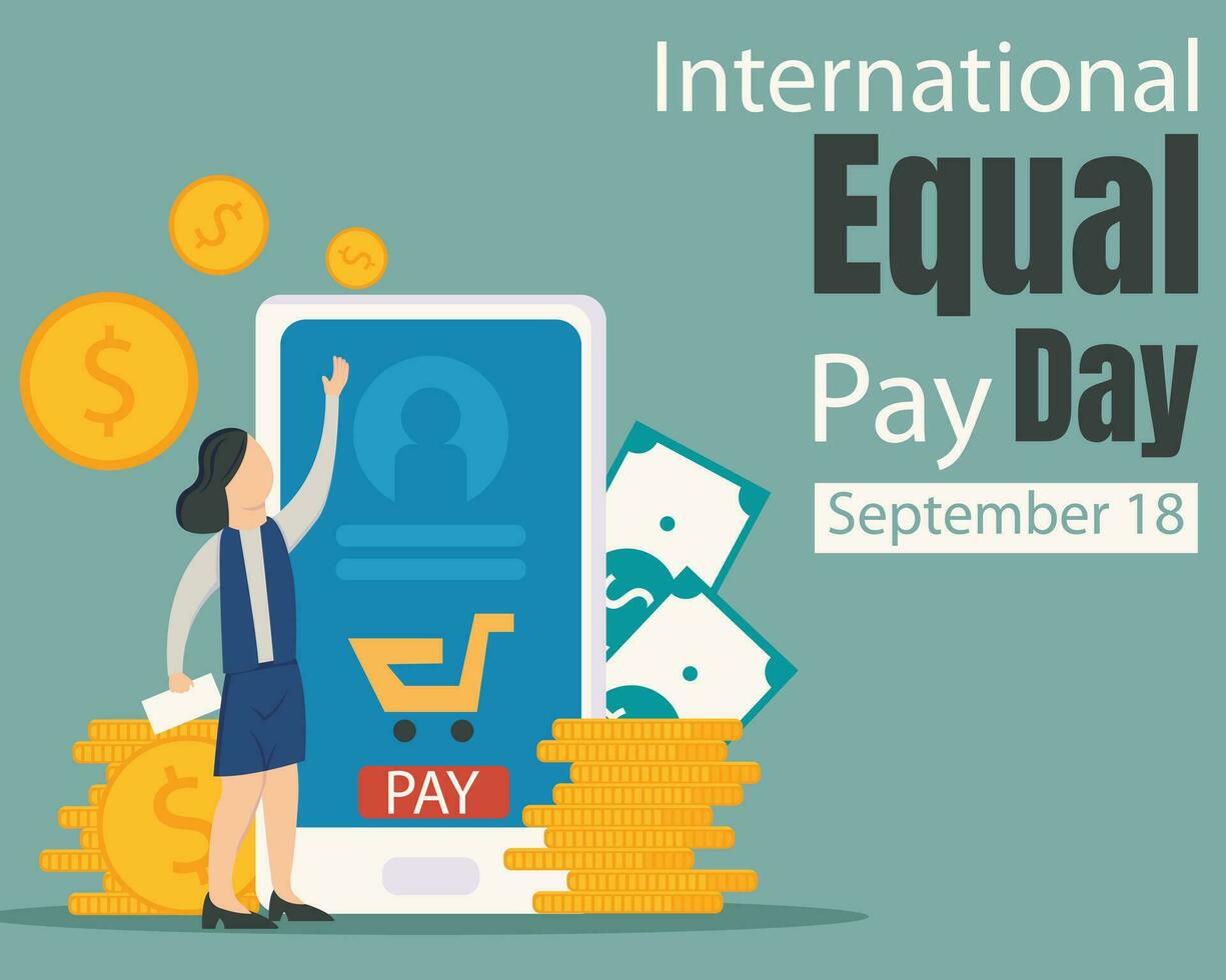 illustration vector graphic of a woman is making payments online via smartphone, perfect for international day, international equal pay day, celebrate, greeting card, etc.