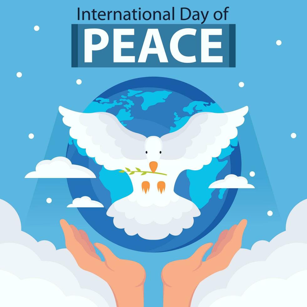ilustración vector gráfico de mano liberando un paloma volador dentro el cielo, demostración el tierra en el fondo, Perfecto para internacional día, internacional día de paz, celebrar, saludo tarjeta, etc.