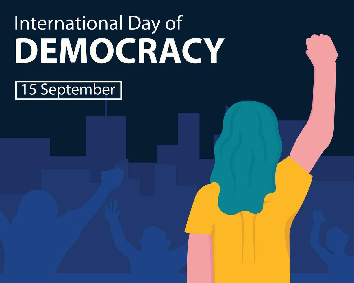 ilustración vector gráfico de un mujer es protestando en el medio de el ciudad, demostración gente silueta, Perfecto para internacional día, internacional día de democracia, celebrar, saludo tarjeta.