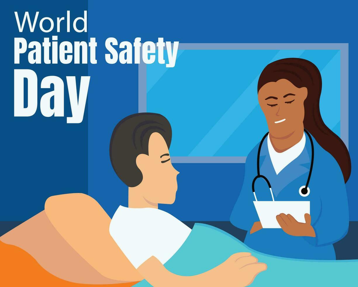 illustration vector graphic of a female doctor checks a patient in bed, perfect for international day, world patient safety day, celebrate, greeting card, etc.