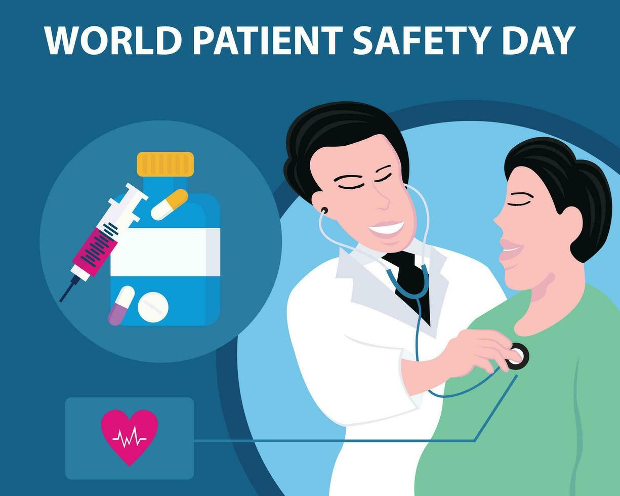 illustration vector graphic of a doctor examines a patient with a stethoscope, displays heartbeat and medications, perfect for international day, world patient safety day, celebrate, greeting card.