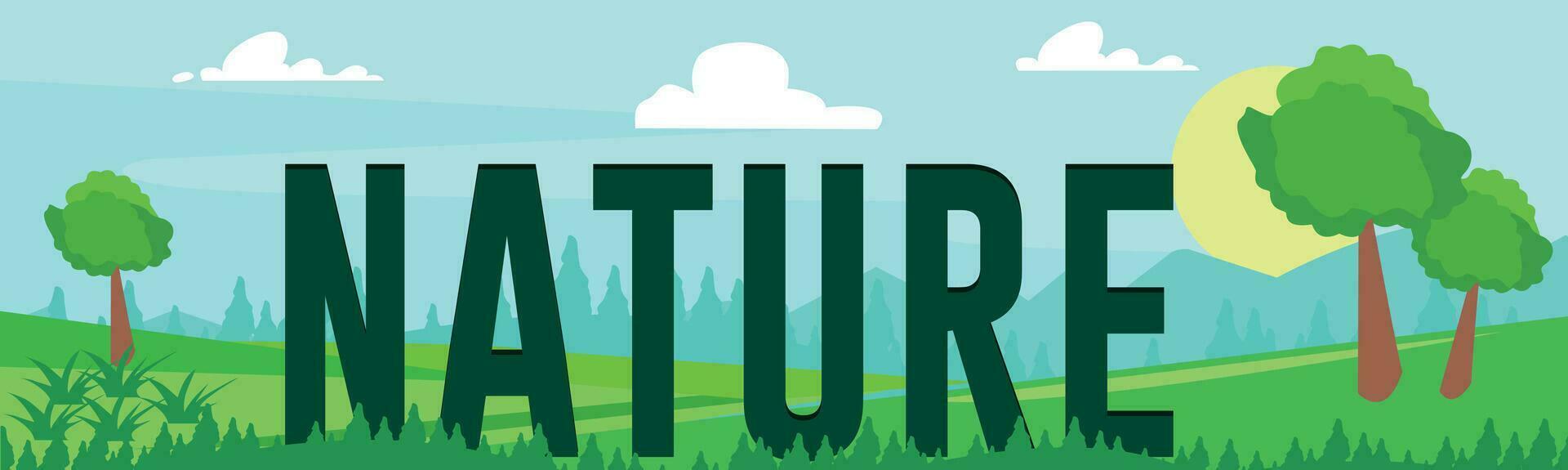 Nature green nature landscape and sun over hills, with clouds on sky. Camp poster with pine forest, and mountains. Web banner for nature and global warming concept. vector