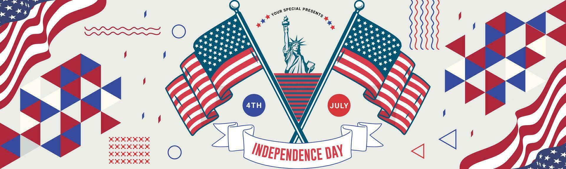 4th of July independence day poster, banner, abustract background, template, with the greeting, usa flag waving ribbon, bunting decoration, and American famous landmarks in the background. vector