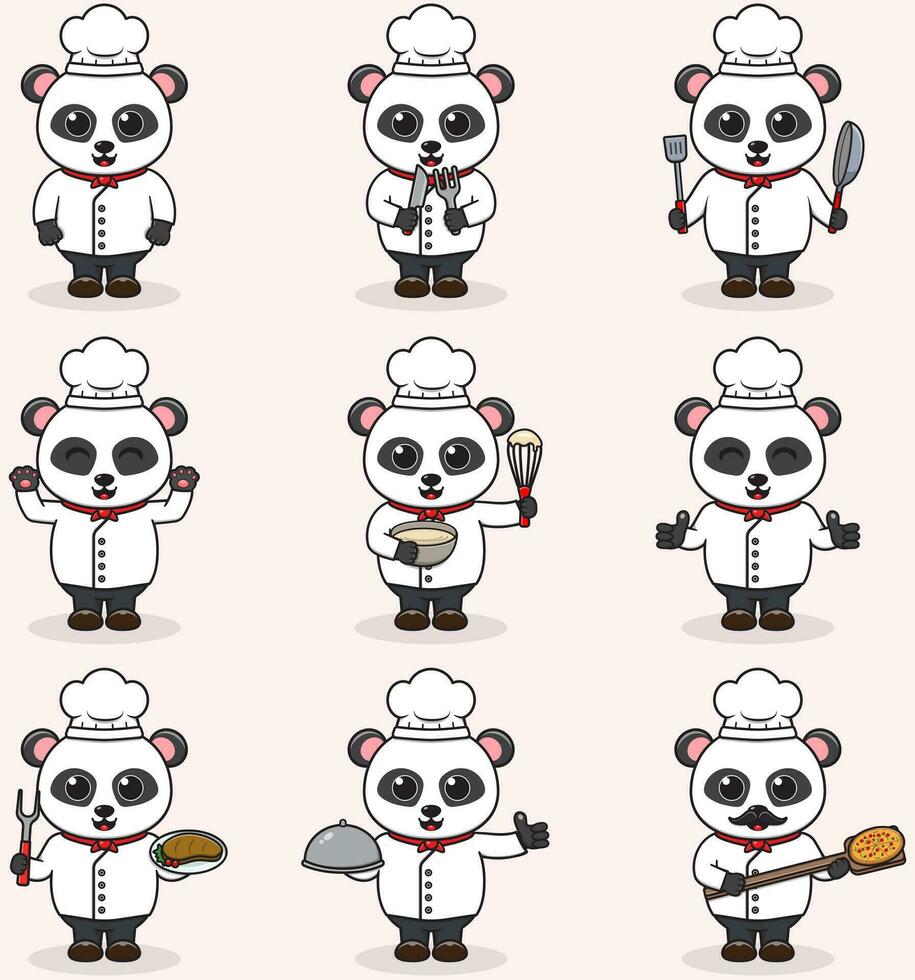 Vector Illustration of Cute Panda wearing chef uniform. Flat Cartoon Style. Set of Cute Animal Characters in Chef Uniform. Vector illustration in isolated background