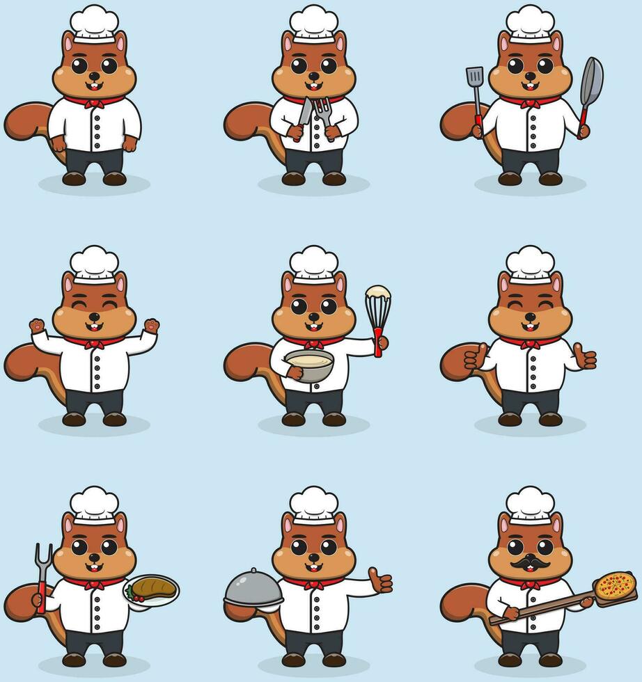 Vector Illustration of Cute Squirrel wearing chef uniform. Flat Cartoon Style. Set of Cute Animal Characters in Chef Uniform. Vector illustration in isolated background