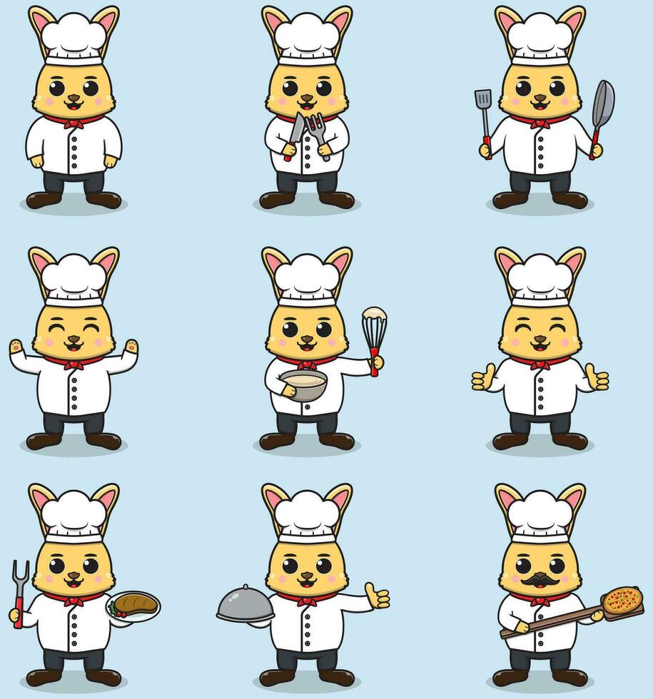 Vector Illustration of Cute Rabbit wearing chef uniform. Flat Cartoon Style. Set of Cute Animal Characters in Chef Uniform. Vector illustration in isolated background