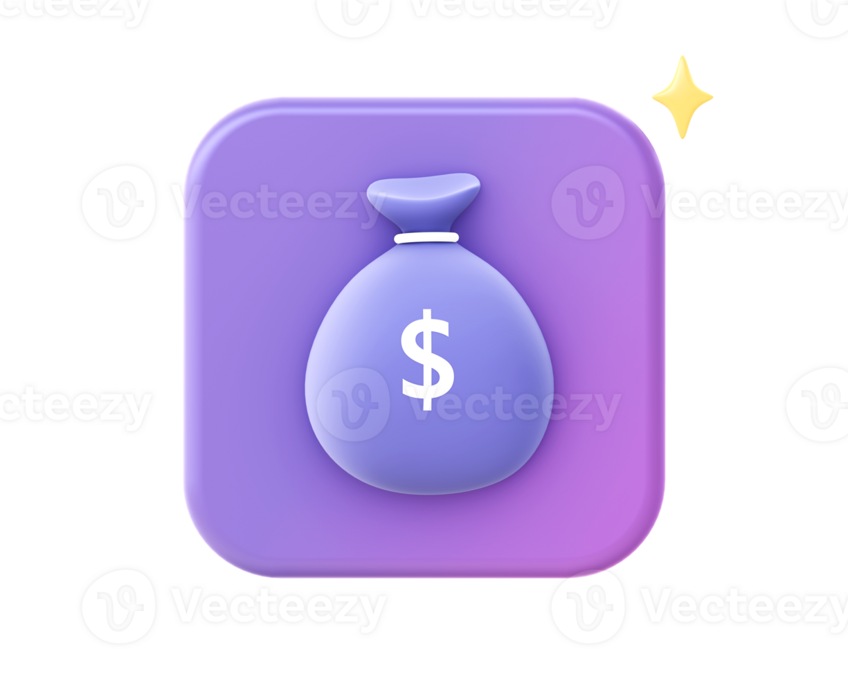 3d render of purple money bag icon for UI UX web mobile apps social media ads design png