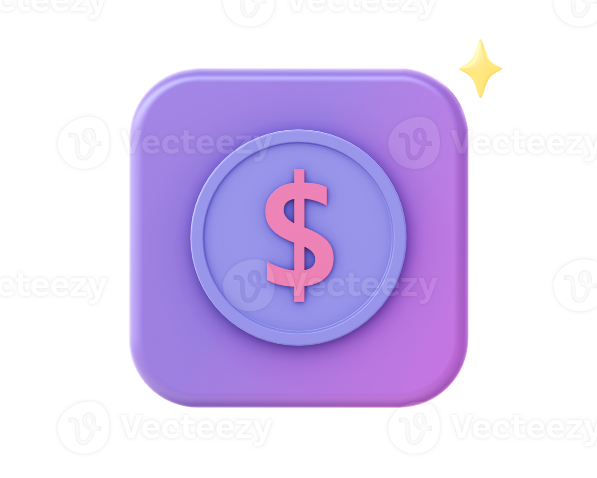 3d render of purple coin and money icon for UI UX web mobile apps social media ads design png
