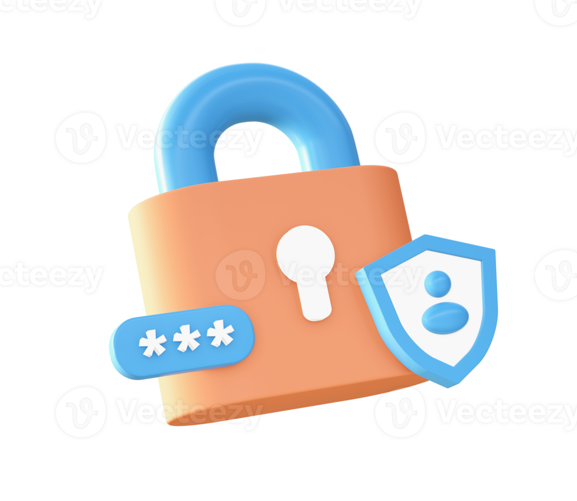 3d Orange padlock and shield icon for UI UX web mobile apps social media ads design png