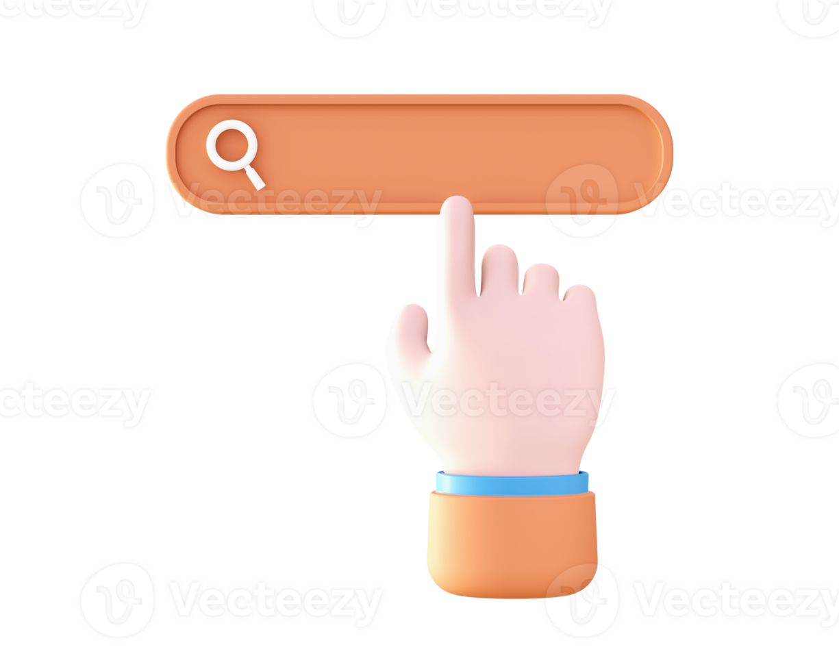 3d Orange Search bar with hand gesture icon for UI UX web mobile apps social media ads design png