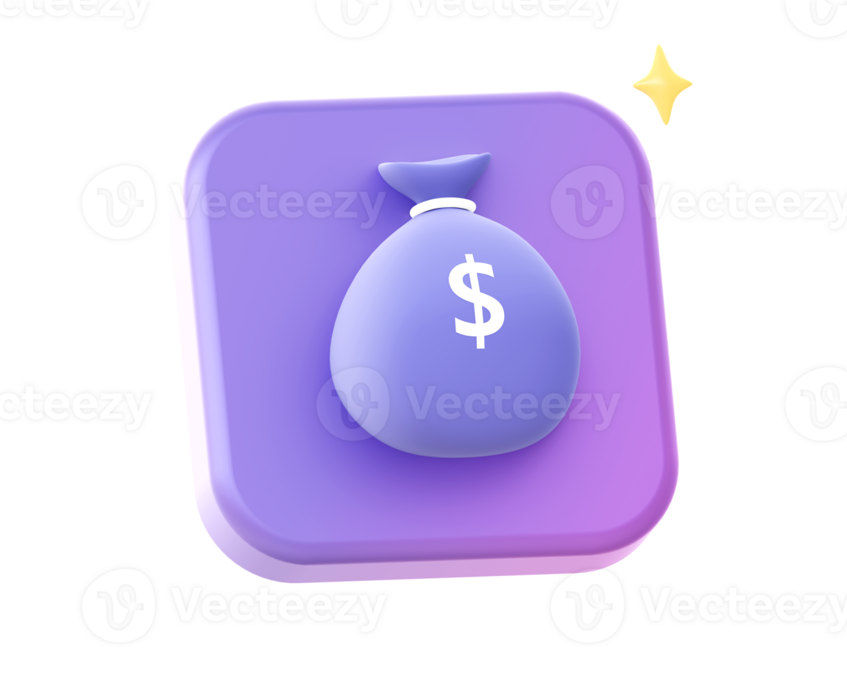 3d render of purple money bag side icon for UI UX web mobile apps social media ads design png