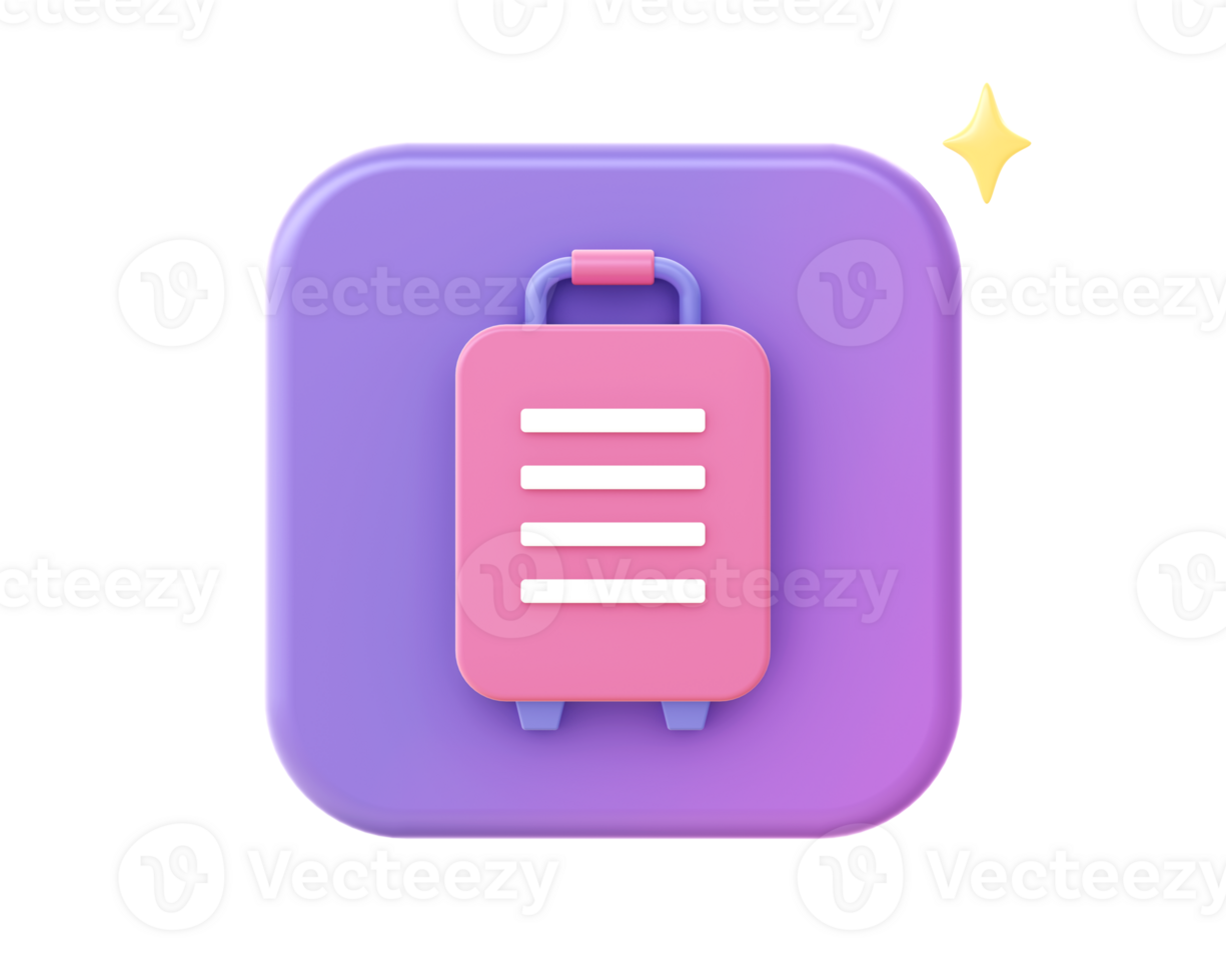 3d render of purple luggage suitcase icon for UI UX web mobile apps social media ads design png