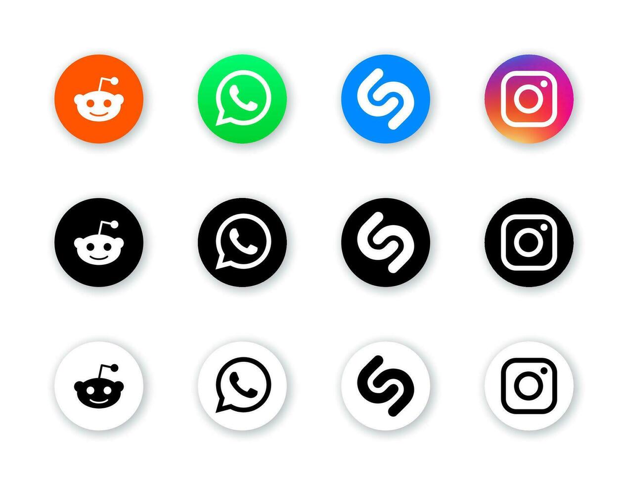 social medios de comunicación íconos conjunto - reddit, whatsapp, shazam, instagram. negro y blanco versión vector