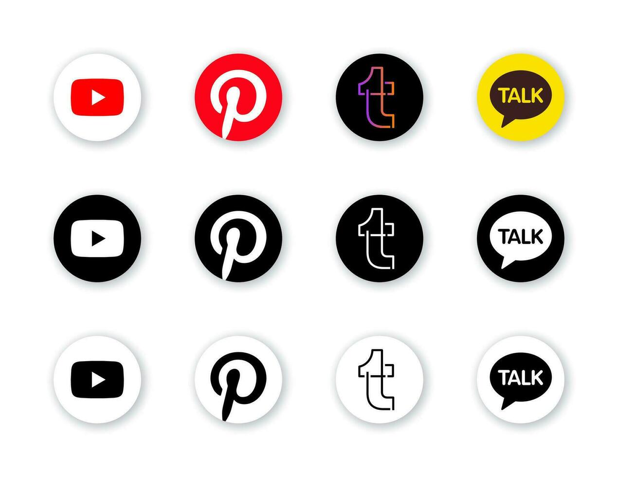 social medios de comunicación íconos conjunto - YouTube, interés, kakaotalk, Tumblr negro y blanco versión vector