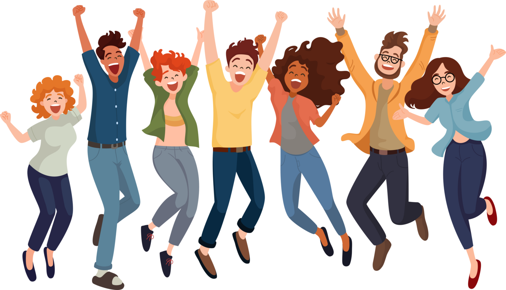 Group of Joyful Diversity Young People in Cheerful Action, Flat Style Cartoon Illustration. Friendship Concept. png