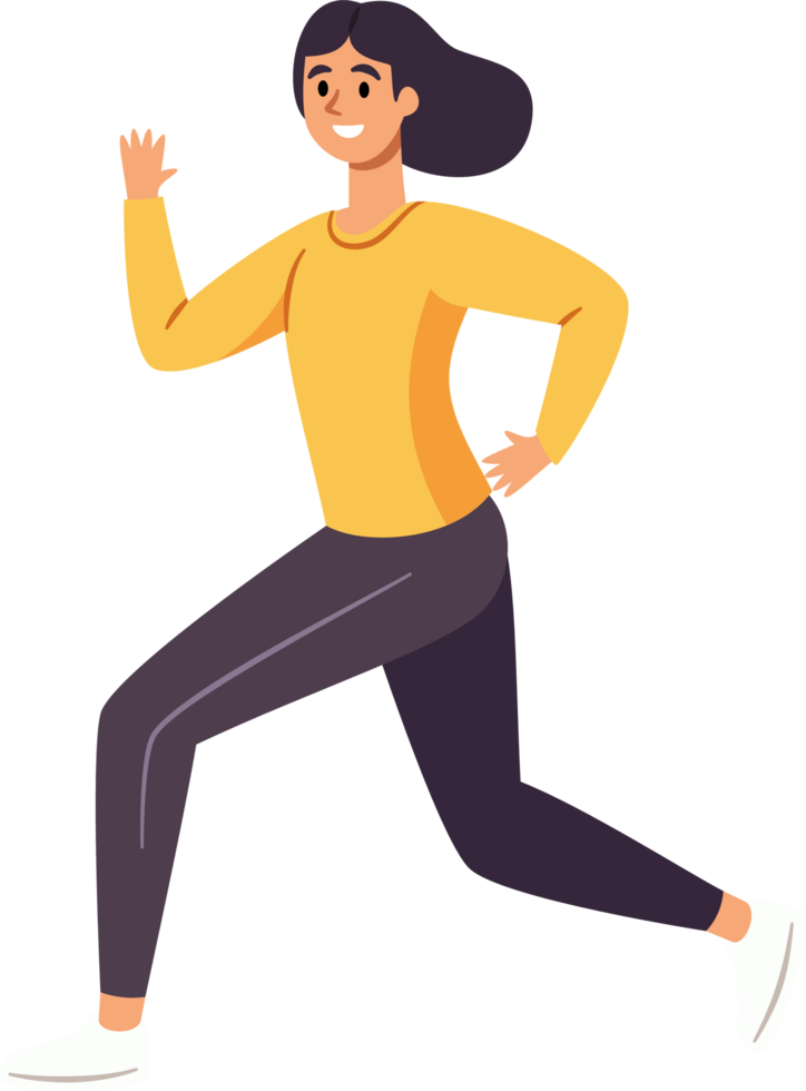 mujer correr, activo y feliz, abrazando un sano estilo de vida, plano estilo dibujos animados ilustración. png